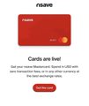 A mobile app screen for "n●save" displays a red card with the message "Cards are live!" inviting users to spend in KRW, JPY, or USD.