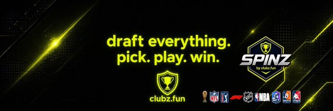 A digital advertisement displays yellow text reading "draft everything. pick. play. win." alongside the SPINZ logo and various sports league icons.