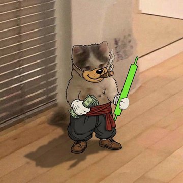 A meme image of the 'Smug Doge' (Cheems) character dressed as a warrior, holding cash in one hand and a green lightsaber in the other, standing on a wooden floor.