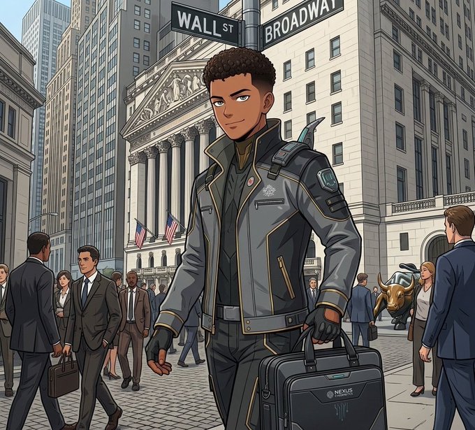 An anime-style illustration shows a young man with short curly hair wearing a gray and black tactical jacket, carrying a black bag labeled "NEXUS," standing on Wall Street near a sign for Wall St and Broadway, with a Charging Bull statue and businesspeople in the background.