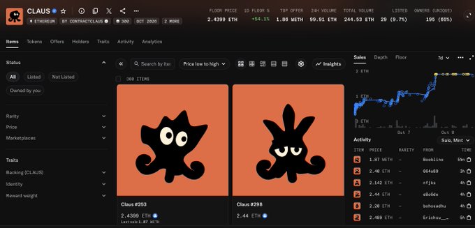CLAUS NFT marketplace interface on Ethereum, showing two NFT items (Claus #253 at 2.4399 ETH and Claus #298 at 2.44 ETH) with sales chart.