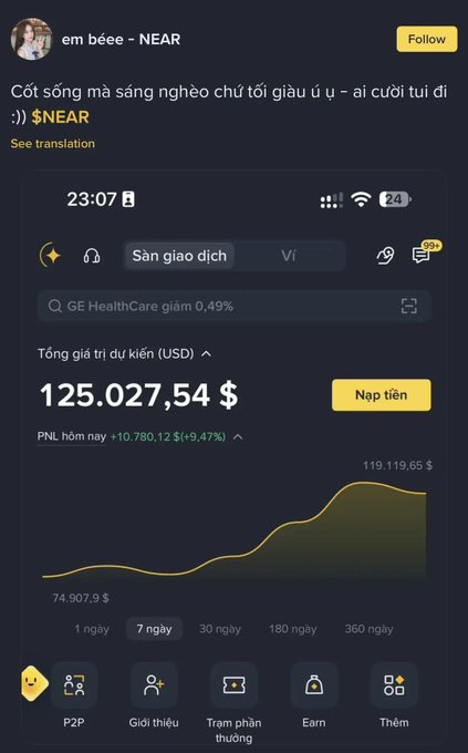 A Vietnamese social media post by 'em bèo - NEAR' shows a Binance trading portfolio with a total estimated value of $125,027.54 USD and a PNL of +$10,780.12 (+9.47%).