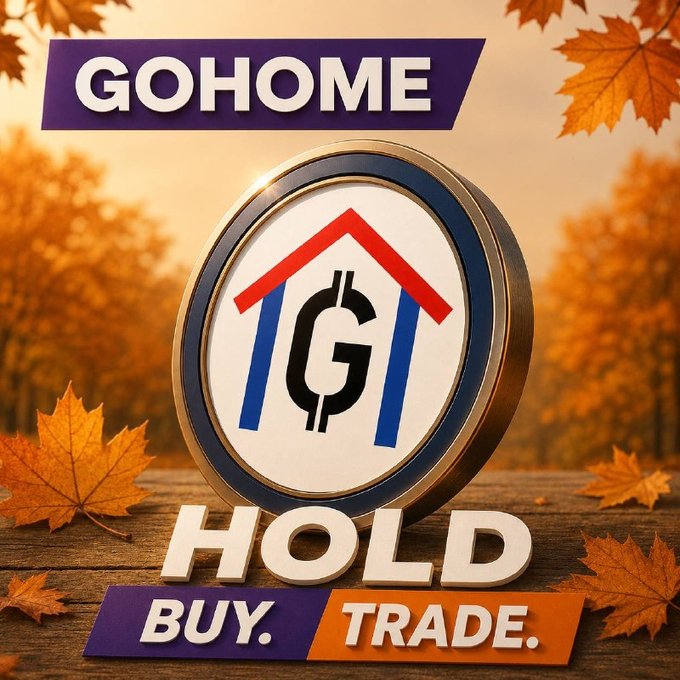 Promotional graphic featuring a circular "G" logo with a red roof/house design, with text "GO HOME" at top and "HOLD BUY. TRADE." at bottom, set against an autumn maple leaves background.