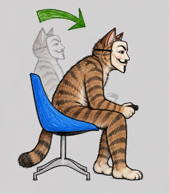 An illustration of a tabby cat sitting on a blue chair holding a game controller while wearing a Guy Fawkes mask, with a green arrow pointing from the cat's masked face to its previous unmasked state.