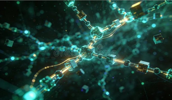 An abstract digital visualization of a network with glowing teal and gold interconnected cubes, nodes, and lines set against a dark background.