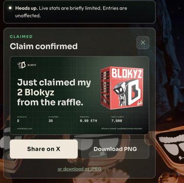 A digital interface showing a "Claim confirmed" pop-up for "Just claimed my 2 Blokyz from the raffle," with options to "Share on X" or "Download PNG".