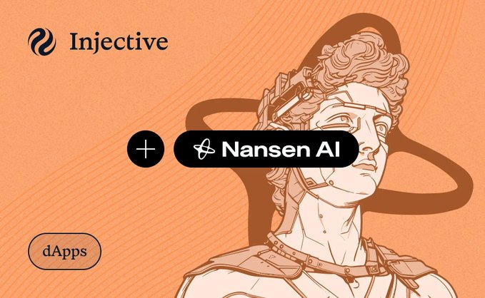 A promotional graphic for Injective featuring a plus sign and the 'Nansen AI' logo over an illustration of a classical statue, with a 'dApps' tag in the corner.