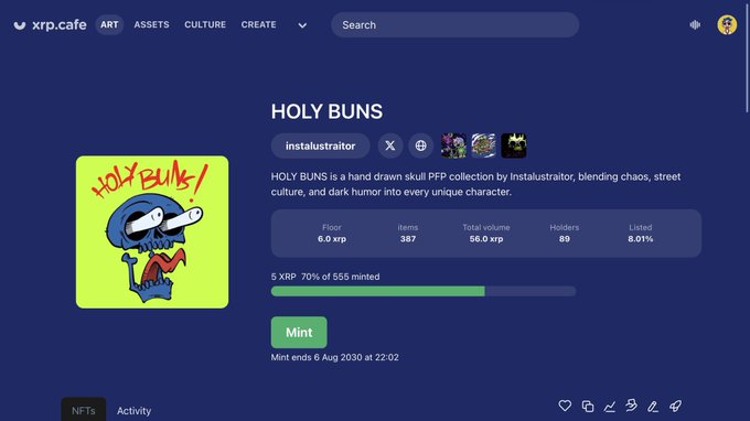 A webpage from xrp.cafe showing a 'HOLY BUNS' NFT collection by instalustraitor, with 5 XRP floor price, 387 items, and a 70% mint progress bar.