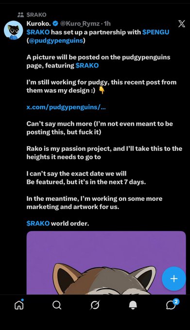 A screenshot of a tweet from $RAKO (@KuroRymz) announcing a partnership with $PENGU (@pudgypenguins), mentioning upcoming marketing, artwork, and a SRAKO world order.