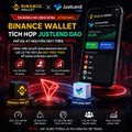 This image shows a Binance Wallet integrated with JustLend DAO, featuring the logos for Binance and TRON with the text "BINANCE WALLET TÍCH HỢP JUSTLEND DAO" (Binance Wallet integrated with JustLend DAO). The post mentions "TRON BULL" traveling around Da Nang, implying the user is referencing the TRON coin/network, which is visually represented with a TRON logo in the image.