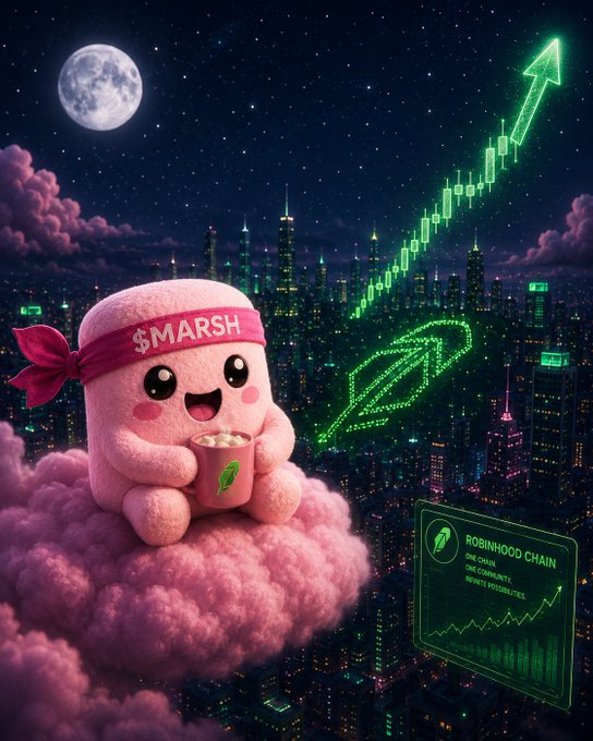 A whimsical 3D illustration of a pink marshmallow character wearing a '$MARSH' headband, sitting on a pink cloud holding popcorn, with a green Robinhood Chain logo and an upward stock chart in the background.