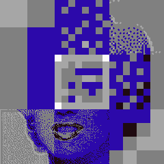 A stylized, glitch-art portrait of a face rendered in blue and white pixelated blocks and noise patterns, with bold red lips visible at the bottom.