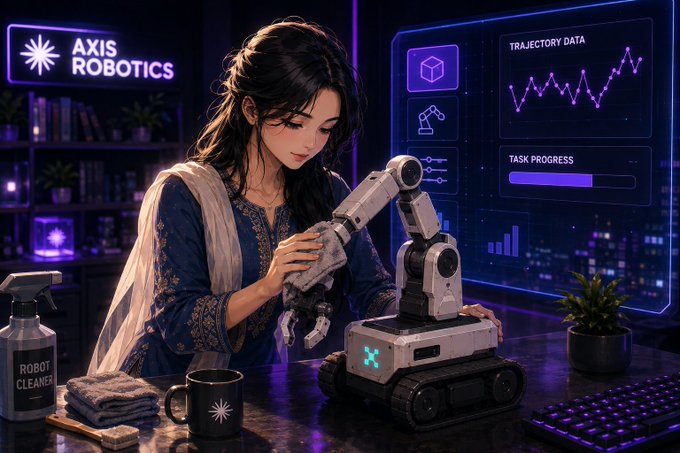 An anime-style digital illustration depicts a dark-haired woman in traditional clothing carefully cleaning a small robotic arm in a futuristic lab, with 'AXIS ROBOTICS' and 'ROBOT CLEANER' labels visible alongside digital screens showing trajectory data.