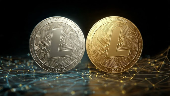 Two physical Litecoin (LTC) coins, one silver and one gold, displayed against a digital network background with "LITECOIN" visible on the coins.