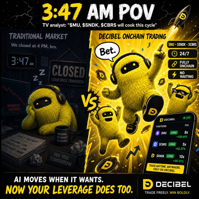The image shows three yellow decibel toys with different expressions, depicting a scene from a traditional stock market analyst's office. The room is filled with papers and financial graphs related to the stock market. The toy bears are wearing headphones with their eyes closed, suggesting they are resting or sleeping. A coffee mug sits on a table nearby, indicating that someone may be working in this office.
The post, "POV: It’s 3:47 AM, and some random analyst on CNBC just said, €MU, €SNDK , €CBRS will cook this cycle." is promoting DecibelTrade, which offers trade services for predicting market trends and strategies to maximize profits in the stock market.