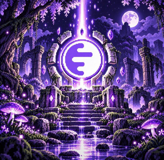 A pixel art digital illustration depicting a mystical purple landscape with ancient ruins, glowing mushrooms, a full moon, and a central glowing emblem featuring a stylized 'F' logo.