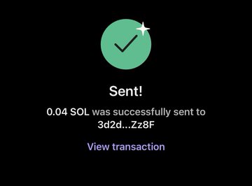 A confirmation screen showing "Sent!" with a green checkmark, displaying that 0.04 SOL was successfully sent to wallet address 3d2d...Zz8F, with a "View transaction" link below. The image serves as proof of the Solana giveaway transaction the poster is conducting to engage followers and grow their audience.