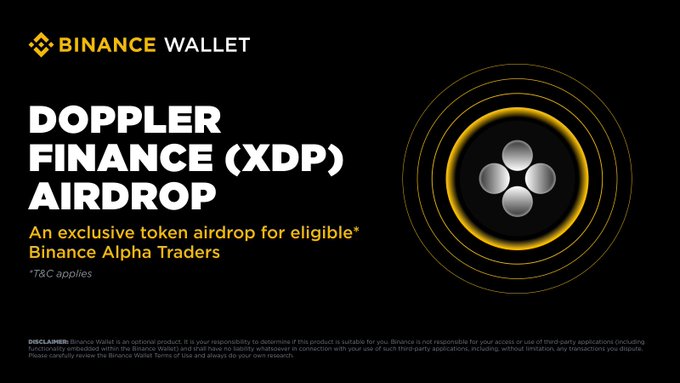 The image is a Binance Wallet promotional graphic announcing an exclusive Doppler Finance (XDP) token airdrop for eligible Binance Alpha Traders (T&C apply), featuring the Binance Wallet logo alongside Doppler Finance's circular emblem with concentric rings.