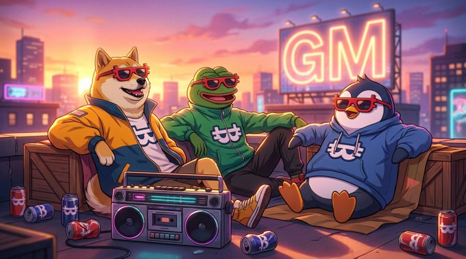 Three cool, sunglasses-wearing animal mascots—a Shiba Inu, Pepe frog, and penguin—chill on a rooftop at sunset with a boombox and scattered cans, under a glowing "GM" neon billboard, capturing the upbeat "Good Morning" vibe that matches the post's call to greet fellow crypto players and invest in $NAKA.