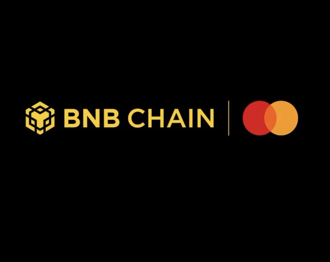 The image displays the BNB Chain and Mastercard logos side by side on a black background, visually representing their new partnership as BNB Chain joins Mastercard's Crypto Partner Program alongside other major blockchain networks.
