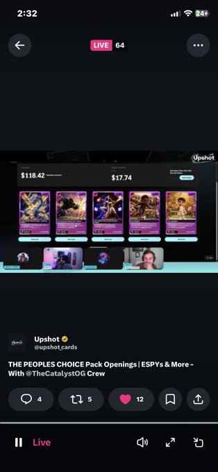 A TikTok Live stream titled "THE PEOPLES CHOICE Pack Openings | ESPYs & More - With @TheCatalystOG Crew" hosted by @upshot_cards, showing pack prices of $118.42 and $17.74 with several hosts visible on camera, currently with 4 comments, 5 shares, and 12 likes, in line with the promotional post inviting viewers to join Upshot at upshot.cards.
