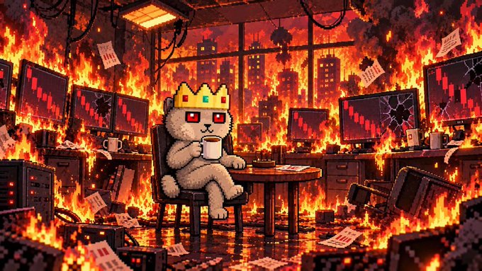 A pixel art illustration shows a white bear wearing a yellow crown, sitting calmly with a mug amid an office engulfed in flames and showing declining charts on monitors.