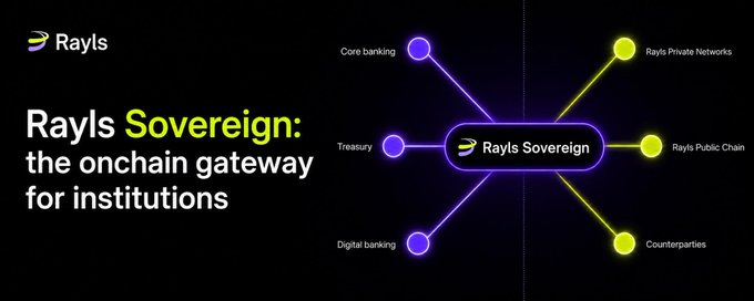 A promotional banner for 'Rayls Sovereign' describing it as 'the onchain gateway for institutions,' featuring a diagram connecting core banking, treasury, and digital banking on one side to Rayls Private Networks, Rayls Public Chain, and Counterparties on the other.