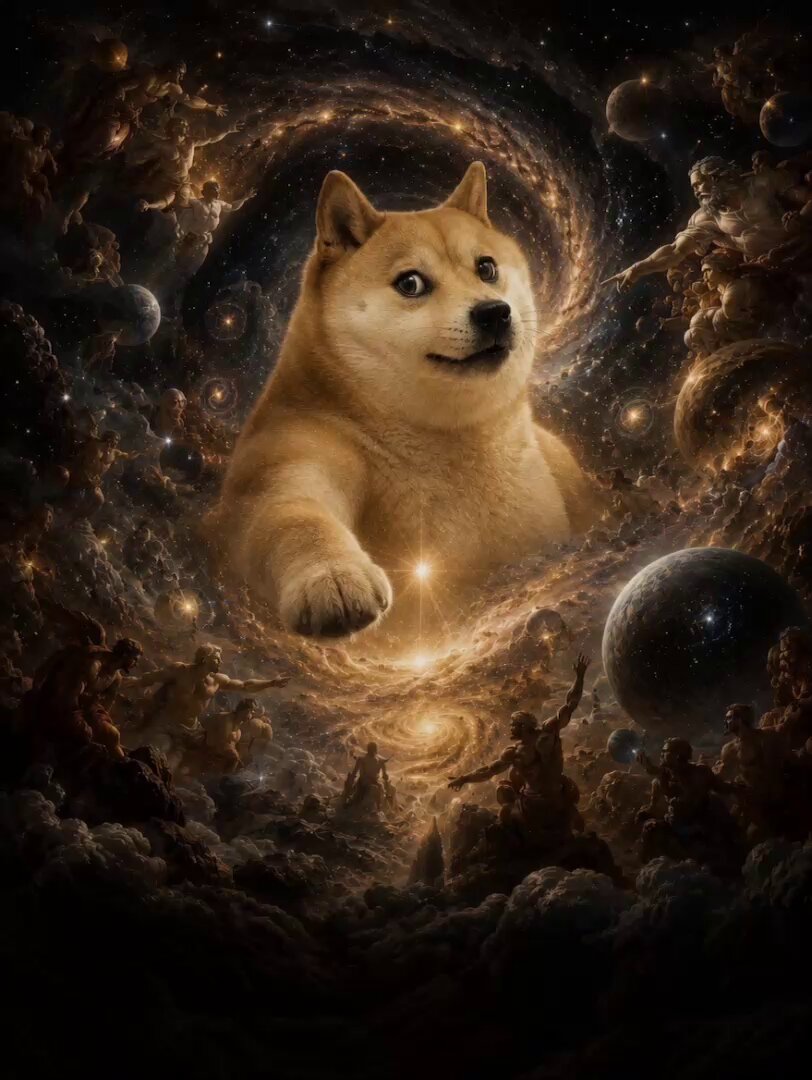The image features a large brown dog with its head tilted upwards, looking at the camera. It appears as if the dog is floating or being pulled into space by an unseen force. The background of the image depicts a dark sky filled with stars and planets, creating a sense of depth and vastness. The caption "Who controls the memes Controls the Universe" suggests that there might be some connection between the content of the image and the post about meme creators controlling the internet.