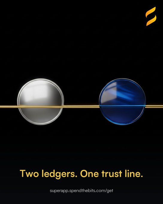 An advertisement featuring two spheres (one silver, one blue) divided by a gold line, with text reading 'Two ledgers. One trust line.' and 'superapp.spendthebits.com/get'.
