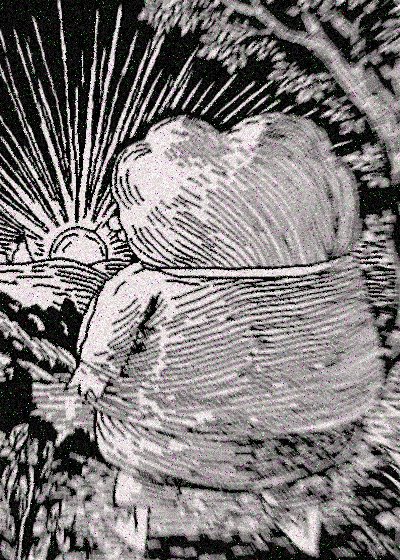 A black-and-white engraving shows two figures seen from behind, wrapped in draped fabric and gazing toward a radiant sun rising over the horizon. The image's vintage, whimsical illustration style pairs with the "HM ☕️" caption, evoking a quiet, reflective morning moment—perhaps a serene awakening to a new day.