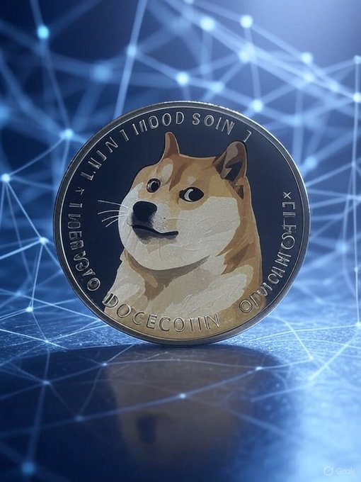 A silver Dogecoin commemorative coin featuring the iconic Shiba Inu dog stands upright against a digital blue network of connected nodes, with surrounding text including "DOGECOIN" and "60 BILLION" inscribed on the coin's face, visually representing the cryptocurrency's record-breaking 60 billion large transactions in a single day.