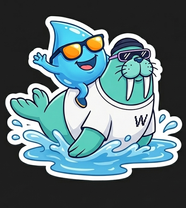 Image 10 is a cartoon sticker featuring a blue water drop character wearing sunglasses riding on the back of a green walrus wearing sunglasses and a white t-shirt with a "W" logo, surrounded by splashing water.