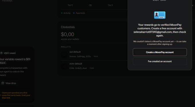 A dark-themed crypto wallet dashboard showing a 'USDC reward' of $61 USDC and a popup directing verified MoonPay customers to 'selenahart197345@gmail.com' with options to 'Create a MoonPay account' or 'I've created an account'.