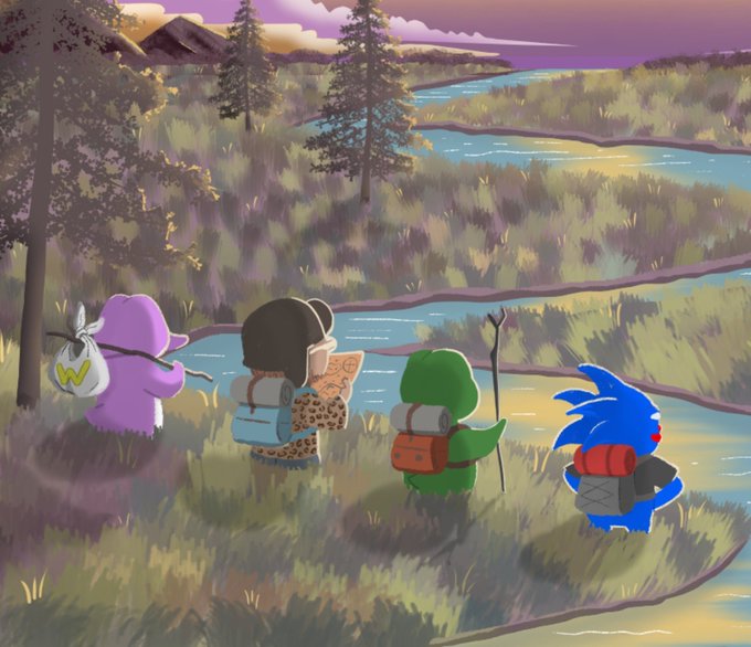 A digital illustration depicting four characters, including a purple figure, a person with a map, a green creature, and a blue spiky character, standing in a grassy landscape looking out over a river.