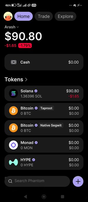 The image shows a Phantom crypto wallet home screen displaying a total balance of $90.80, consisting of 1.36396 SOL (Solana) valued at $90.80, down $1.65 or -1.79%, with $0.00 cash and zero balances in Bitcoin, Monad, and HYPE tokens. The wallet screenshot doesn't directly relate to the post's message thanking a community member and mentioning Radix Duma MN, as no Radix (XRD) holdings appear in the visible portfolio.