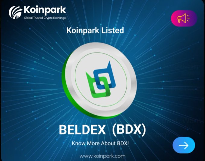 A promotional graphic from Koinpark cryptocurrency exchange announcing 'Koinpark Listed' for BELDEX (BDX), with the tagline 'Global Trusted Crypto Exchange' and a link to www.koinpark.com.