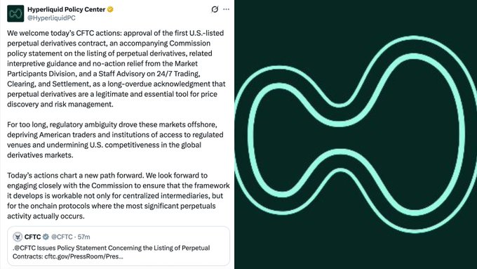 A screenshot of a post that welcomes users to a new page discussing a new framework by Hyper Liquid Policy Center and the Commodity Futures Trading Commission (CFTC). The post also mentions that both the Hyper Liquid Policy Center and the CFTC are in agreement on the first U.S.-listed permanent derivatives contract.