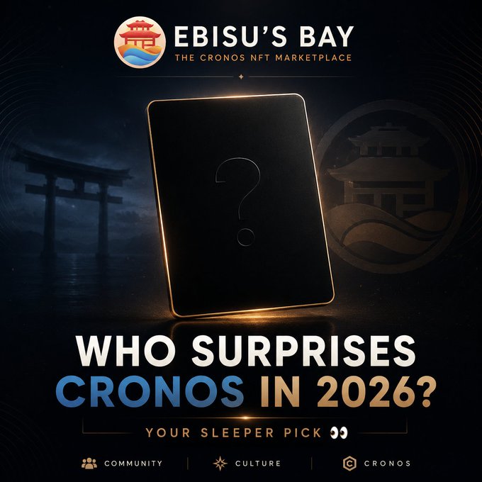 A promotional graphic for "EBISU'S BAY - THE CRONOS NFT MARKETPLACE" with the tagline "WHO SURPRISES CRONOS IN 2026? - YOUR SLEEPER PICK" displayed over an image of a black card with a question mark.