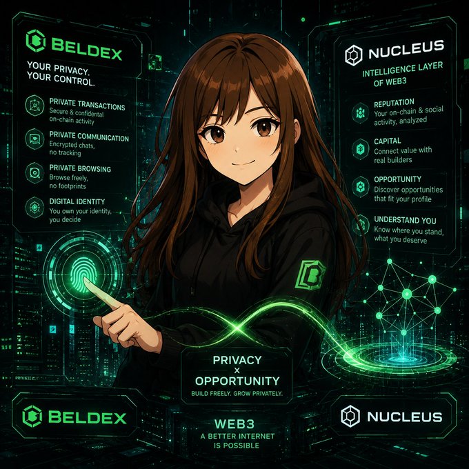 Anime-style promotional graphic for 'BELDEX' and 'NUCLEUS' Web3 platforms highlighting 'PRIVACY × OPPORTUNITY' with green holographic UI elements and an illustration of a brown-haired girl.