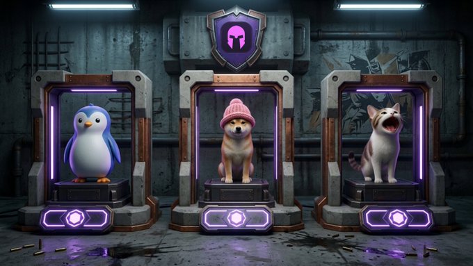 Three illuminated warrior pods display a penguin (representing $PUDGY), a Shiba Inu in a pink beanie (representing $OLAND-based memecoins), and a wide-mouthed cat (representing $POPCAT), set in a graffiti-tagged arena with a helmeted skull shield emblem above them, inviting voters to pick the next memecoin warrior.