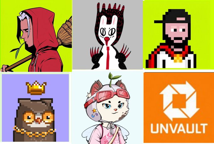 A grid of six NFT collection images, including a hooded figure with a broom, a rabbit-like creature, a pixelated bearded man, a crowned pixelated character, a cat with pink goggles, and the Unvault logo, showcasing the featured mints from today's free NFT drop lineup.