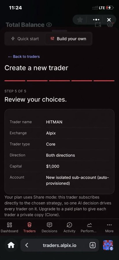 A mobile screenshot of the Alpix trading platform showing 'Create a new trader' review screen (Step 5 of 5) for a trader named 'HITMAN' with $1,000 capital on a new isolated sub-account.