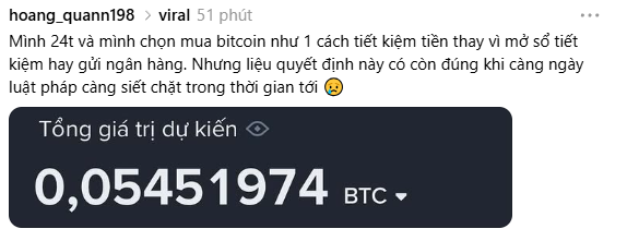 Vietnamese Instagram post by 'hoang.quann98' in the 'viral' category, discussing Bitcoin as a savings method, showing an expected total value of 0.05451974 BTC.