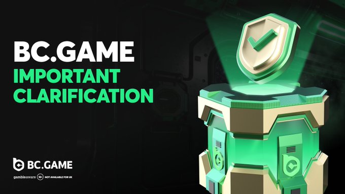 A promotional graphic featuring "BC.GAME IMPORTANT CLARIFICATION" text alongside a green and gold futuristic vault/container with a checkmark shield emblem, serving as a visual warning about scam prevention. The image reinforces the post's message that BC.GAME will never initiate direct messages first, urging users to verify links through official channels to avoid fraudulent websites.