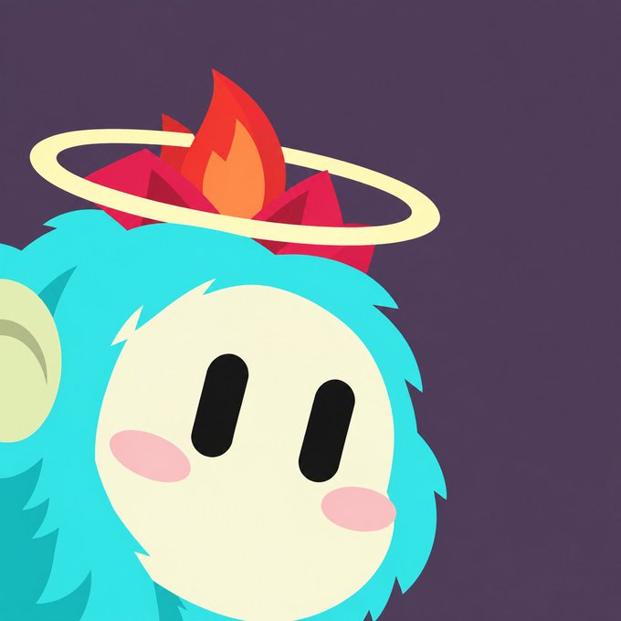 A close-up illustration of a cute, cartoon-style character with cyan fur, pink cheeks, and a flame-like red accessory surrounded by a golden halo against a purple background.