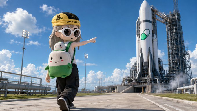 A stylized cartoon figure wearing a "DON'T TREAD" cap and sunglasses, carrying a plush backpack, pointing toward a SpaceX Falcon Heavy rocket on a launch pad.
