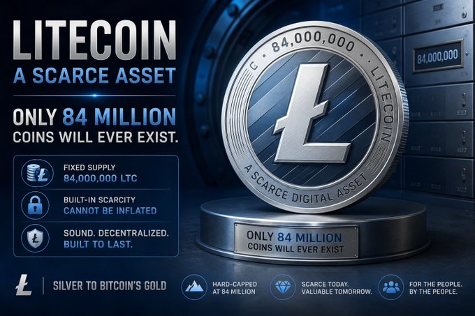A promotional image showcasing Litecoin as "A Scarce Asset" with a striking silver coin displaying "84,000,000" and "A SCARGE DIGITAL ASSET," alongside text emphasizing its "FIXED SUPPLY 84,000,000 LTC," "BUILT-IN SECURITY CANNOT BE INFLATED," and the tagline "SILVER TO BITCOIN'S GOLD." The image visually reinforces the post's point about Litecoin's hard-capped maximum supply, highlighting that only 84 million LTC will ever exist despite approximately 77.4 million currently circulating.