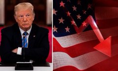 This image features a portrait of Donald Trump alongside an American flag overlaid with a red downward-trending arrow, visually representing the claim that he is responsible for 28.6% of the national debt.