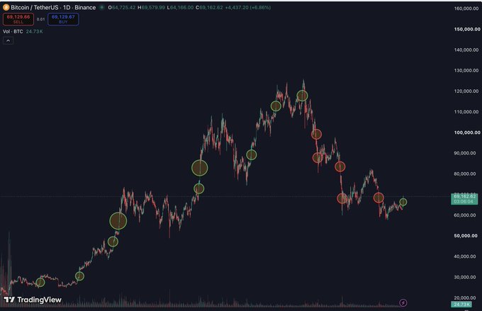 A Bitcoin/TetherUS (BTCUSDT) daily candlestick chart on Binance shows BTC priced at $69,129.67, marked with green circles highlighting short squeeze events and red circles indicating short liquidations across the price action from ~$25K to $69K, illustrating the historical liquidation pattern referenced in the post as a precursor signal for an upcoming bull market.
