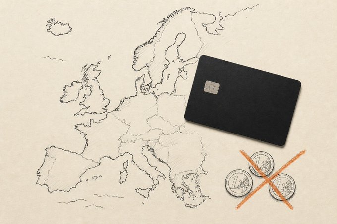 An illustration featuring a map of Europe, a black bank card, and Euro coins crossed out with an orange X.